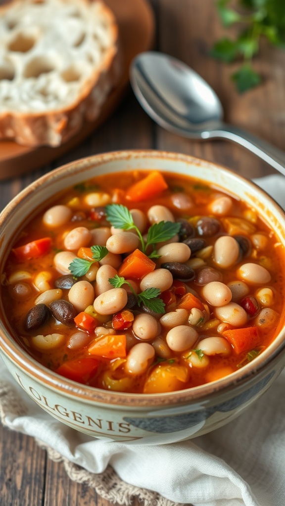 A bowl of 15 bean soup with vegetables, garnished with herbs, and a side of crusty bread on a wooden table.